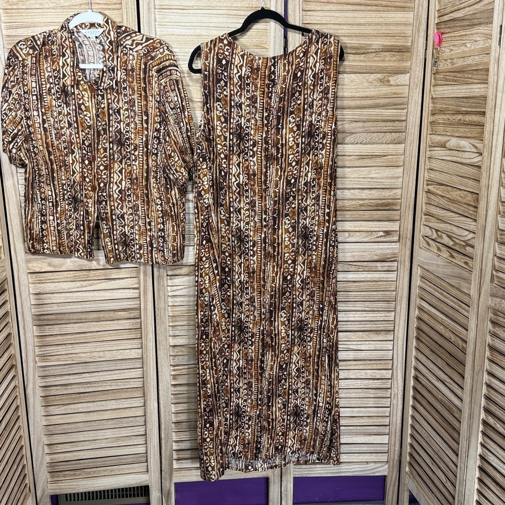 Outfit Dress Brown Patterned Two-Piece Set Maxi Size XL 1980's - Picture 9 of 15